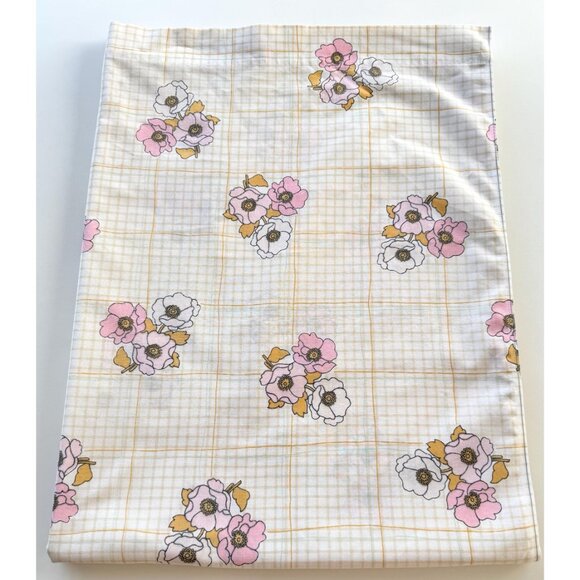 Vintage 70s top/flat sheet, small pink poppy flowers, checkered, twin size - Picture 5 of 8